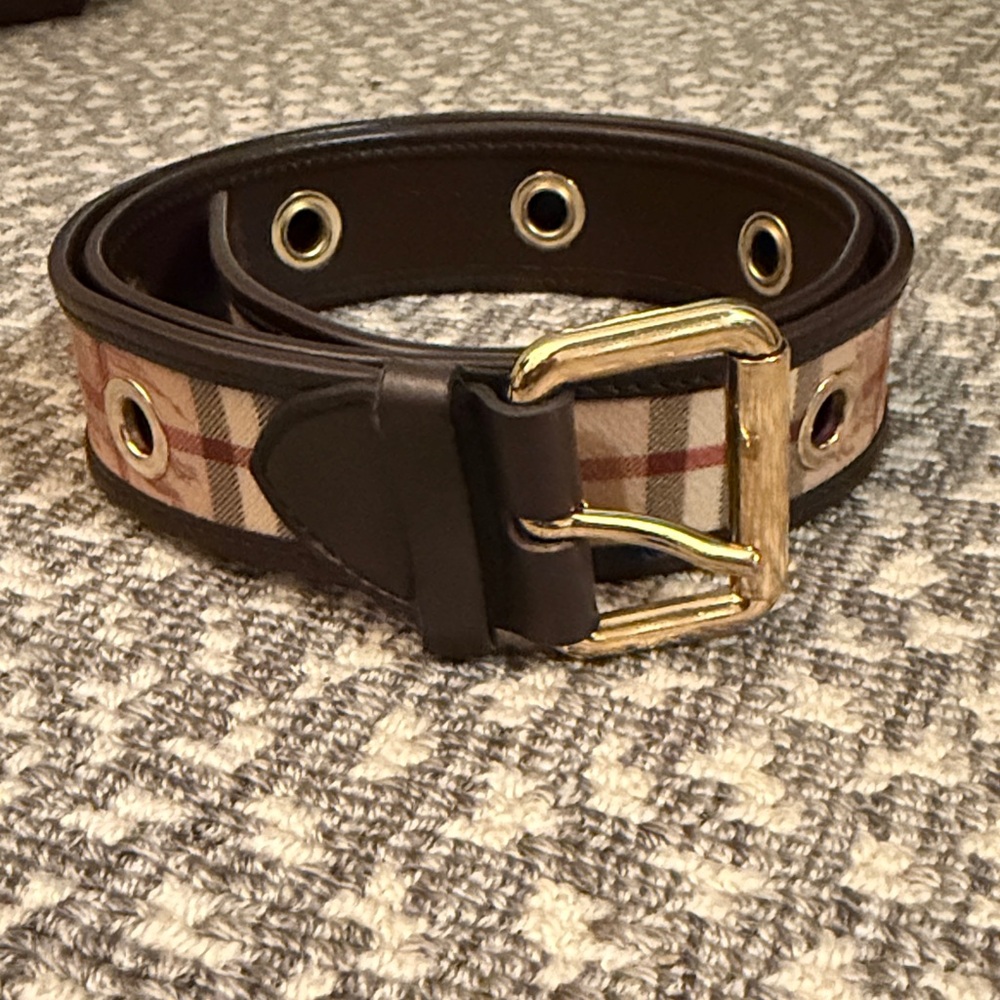 Plaid Leather Belt with Gold Buckle